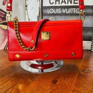 MCM Red Saffiano Leather Crossbody Bag – Heritage Gold Hardware Studded Purse